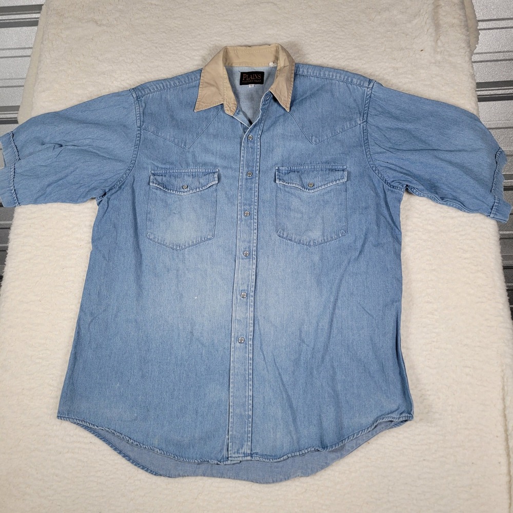 Plains Western Wear Denim Shirt Mens Size L Light Blue Short Sleeve Pearl Snap